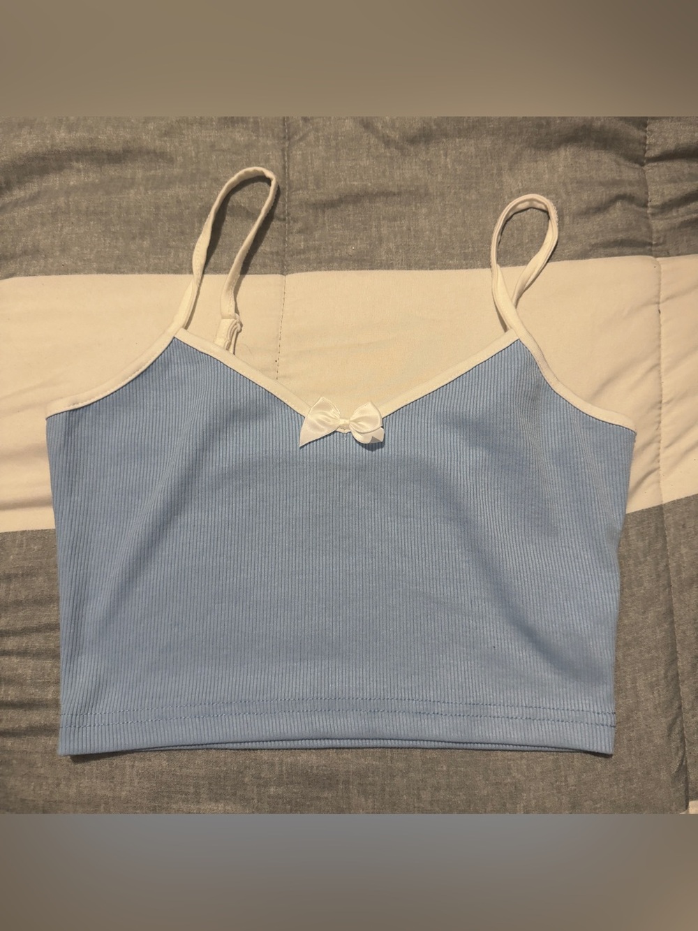 SHEIN Light Blue Ribbed Camisole with White Trim and Bow